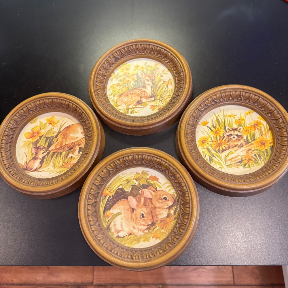 Home Interiors Woodland Animal Wall Plaques Set of 4 Brown Faux Wood 6.5in Round